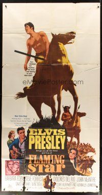 1d611 FLAMING STAR 3sh '60 Elvis Presley on horseback with rifle, Barbara Eden, Don Siegel!