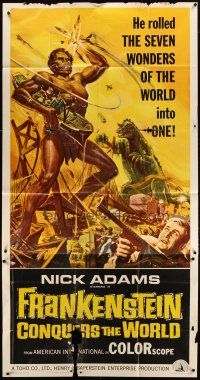1d618 FRANKENSTEIN CONQUERS THE WORLD 3sh '66 art of monsters terrorizing city by Reynold Brown!