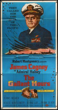 1d621 GALLANT HOURS 3sh '60 art of James Cagney as Admiral Bull Halsey + holding binoculars!