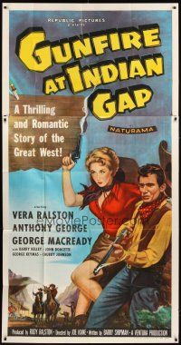 1d648 GUNFIRE AT INDIAN GAP 3sh '57 sexy cowgirl Vera Ralston & Anthony George with smoking guns!