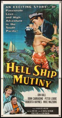 1d666 HELL SHIP MUTINY 3sh '57 Jon Hall kisses tropical beauty, John Carradine, Peter Lorre
