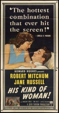 1d672 HIS KIND OF WOMAN 3sh '51 Robert Mitchum, sexy Jane Russell, presented by Howard Hughes!