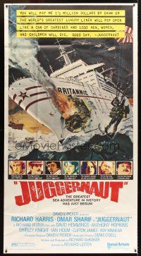 1d708 JUGGERNAUT 3sh '74 Richard Harris, art of ocean liner under attack by Bob McCall!