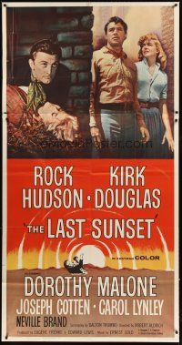 1d722 LAST SUNSET 3sh '61 Rock Hudson, Kirk Douglas, Dorothy Malone, directed by Robert Aldrich!