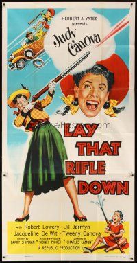 1d728 LAY THAT RIFLE DOWN 3sh '55 great wacky artwork of hillbilly Judy Canova firing big gun!