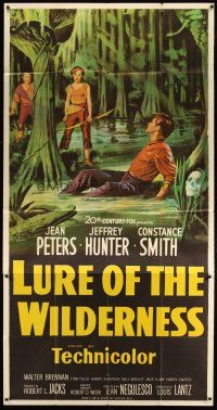 1d748 LURE OF THE WILDERNESS 3sh '52 artwork of sexy Jean Peters & Jeffrey Hunter in swamp!