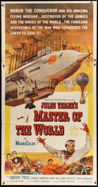 1d771 MASTER OF THE WORLD 3sh '61 Jules Verne, Vincent Price, cool art of enormous flying machine!