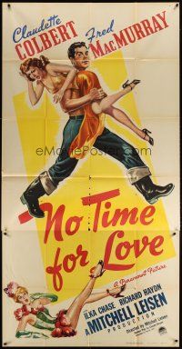 1d801 NO TIME FOR LOVE 3sh '43 different art of Fred MacMurray carrying Claudette Colbert!