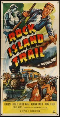 1d862 ROCK ISLAND TRAIL 3sh '50 Forrest Tucker vs Native Americans, cool train art!