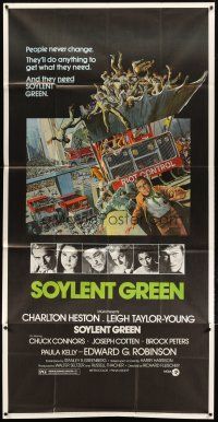 1d899 SOYLENT GREEN 3sh '73 art of Charlton Heston trying to escape riot control by John Solie!
