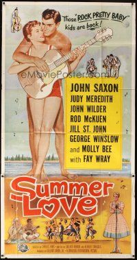 1d916 SUMMER LOVE 3sh '58 very young John Saxon plays guitar with pretty girl on beach!