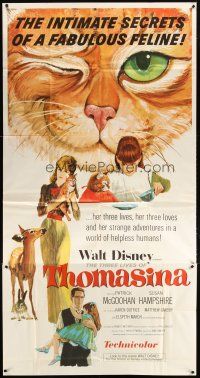 1d929 THREE LIVES OF THOMASINA 3sh '64 Walt Disney, great art of winking & smiling cat!