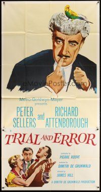 1d942 TRIAL & ERROR 3sh '63 wacky art of Peter Sellers wearing wig with a bird on his head!