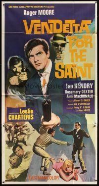 1d961 VENDETTA FOR THE SAINT 3sh '69 Roger Moore with double-barrelled shotgun, English!