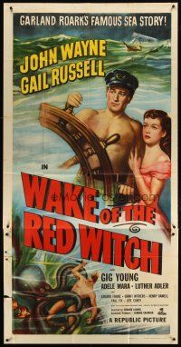 1d967 WAKE OF THE RED WITCH 3sh R52 art of barechested John Wayne & Gail Russell at ship's wheel!