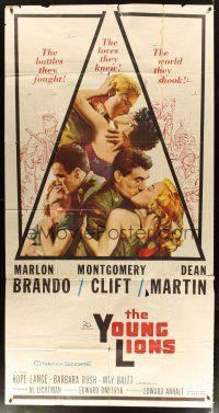 1d996 YOUNG LIONS 3sh '58 art of Nazi Marlon Brando, Dean Martin & Montgomery Clift, different!
