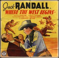 1d272 WHERE THE WEST BEGINS 6sh '38 cool art of cowboy Jack Randall beating up bad guy!