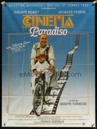 1e460 CINEMA PARADISO French 1p '89 great image of Philippe Noiret & Salvatore Cascio on bike!
