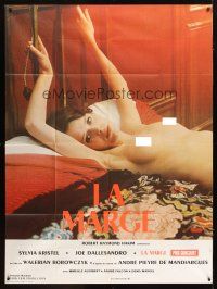 1e587 MARGIN style B French 1p '76 c/u of sexy naked Sylvia Kristel on bed with arms over head!