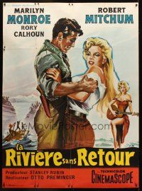 1e642 RIVER OF NO RETURN French 1p R1960s Belinsky art of Mitchum holding sexy Marilyn Monroe!