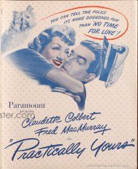 1e174 PRACTICALLY YOURS pressbook '44 Claudette Colbert hugging Air Force pilot Fred MacMurray!