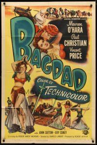 1g064 BAGDAD 1sh '50 art of Maureen O'Hara in sexiest harem outfit + Vincent Price on horse!