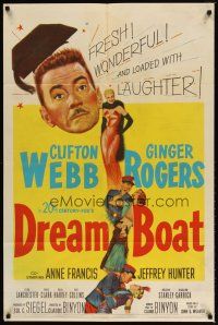1g276 DREAM BOAT 1sh '52 sexy Ginger Rogers was professor Clifton Webb's co-star in silent movies!