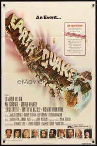 1g285 EARTHQUAKE 1sh '74 Charlton Heston, Ava Gardner, cool Joseph Smith disaster title art!