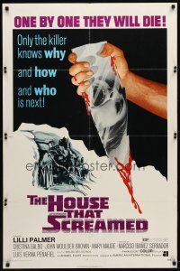 1g423 HOUSE THAT SCREAMED 1sh '71 La Residencia, horror art of hand holding bloody mirror shard!
