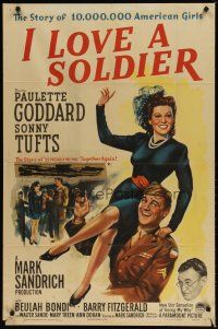 1g430 I LOVE A SOLDIER style A 1sh '44 Paulette Goddard rides on Sonny Tufts in uniform!