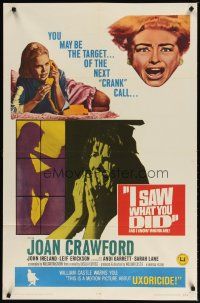 1g433 I SAW WHAT YOU DID 1sh '65 Joan Crawford, William Castle, you may be the next target!