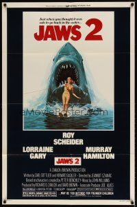 1g450 JAWS 2 1sh '78 art of giant shark attacking girl on water skis by Lou Feck!