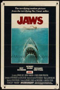 1g449 JAWS 1sh '75 Roger Kastel art of Steven Spielberg's man-eating shark attacking sexy swimmer!