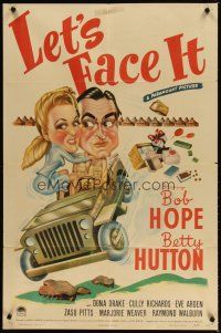 1g481 LET'S FACE IT style A 1sh '43 cool art of Bob Hope & Betty Hutton in Jeep, Cole Porter songs!