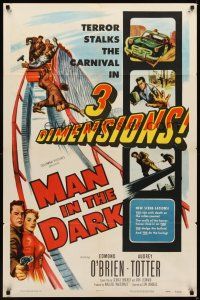 1g519 MAN IN THE DARK 1sh '53 really cool 3-D art of men fighting on rollercoaster!