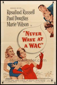 1g573 NEVER WAVE AT A WAC style A 1sh '53 art of guys whistling at Rosalind Russell & Marie Wilson!