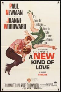 1g575 NEW KIND OF LOVE 1sh '63 Paul Newman loves Joanne Woodward, great romantic image!