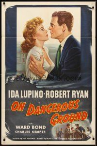 1g606 ON DANGEROUS GROUND 1sh '51 Nicholas Ray, close up art of Robert Ryan holding Ida Lupino!