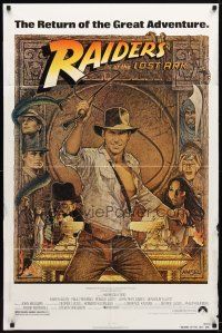 1g673 RAIDERS OF THE LOST ARK 1sh R82 great art of adventurer Harrison Ford by Richard Amsel!