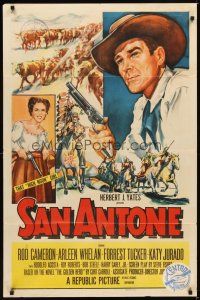 1g708 SAN ANTONE 1sh '53 artwork of cowboy Rod Cameron & Katy Jurado, both holding guns!