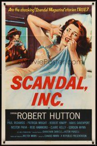 1g713 SCANDAL, INC. 1sh '56 Robert Hutton, art of paparazzi photographing sexy woman in bed!