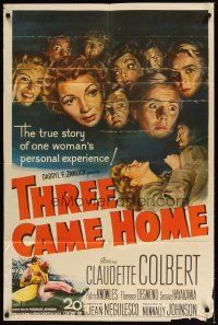 1g886 THREE CAME HOME 1sh '49 artwork of Claudette Colbert & prison women without their men!