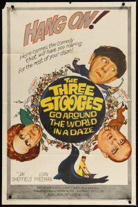 1g891 THREE STOOGES GO AROUND THE WORLD IN A DAZE 1sh '63 wacky art of Moe, Larry & Curly-Joe!
