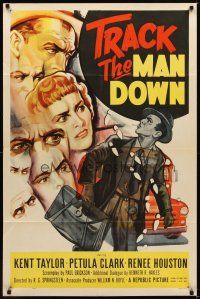 1g911 TRACK THE MAN DOWN 1sh '55 cool art of detective Kent Taylor tracing footsteps, Petula Clark