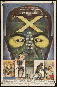 1g988 X: THE MAN WITH THE X-RAY EYES 1sh '63 Ray Milland strips souls & bodies, cool sci-fi art!