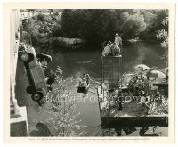 1h241 WOMAN IN HIDING candid 8x10 still '50 crew filming battered car hanging from bridge!