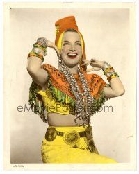 1h357 CARMEN MIRANDA color 8x10 still '40s full-length portrait in cool outfit with great hat!