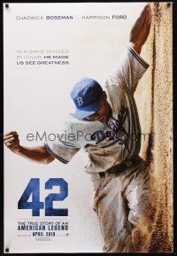 1j016 42 DS teaser 1sh '13 baseball, cool image of Chadwick Boseman as Jackie Robinson sliding home!