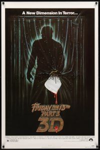 1j241 FRIDAY THE 13th PART 3 - 3D 1sh '82 slasher sequel, art of Jason stabbing through shower!