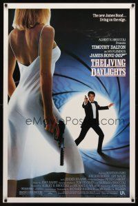 1j436 LIVING DAYLIGHTS 1sh '87 Dalton as Bond & sexy Maryam d'Abo in sheer dress w/gun!